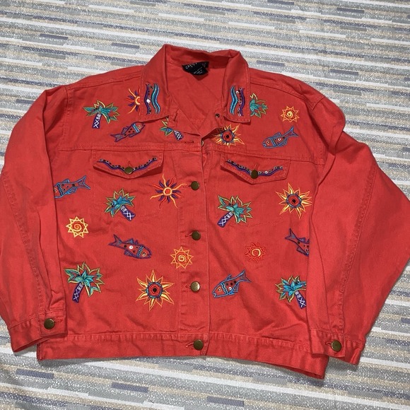 Carole Little Jackets & Blazers - Carole Little Red Embroidered Tropical Jean Jacket Size 8